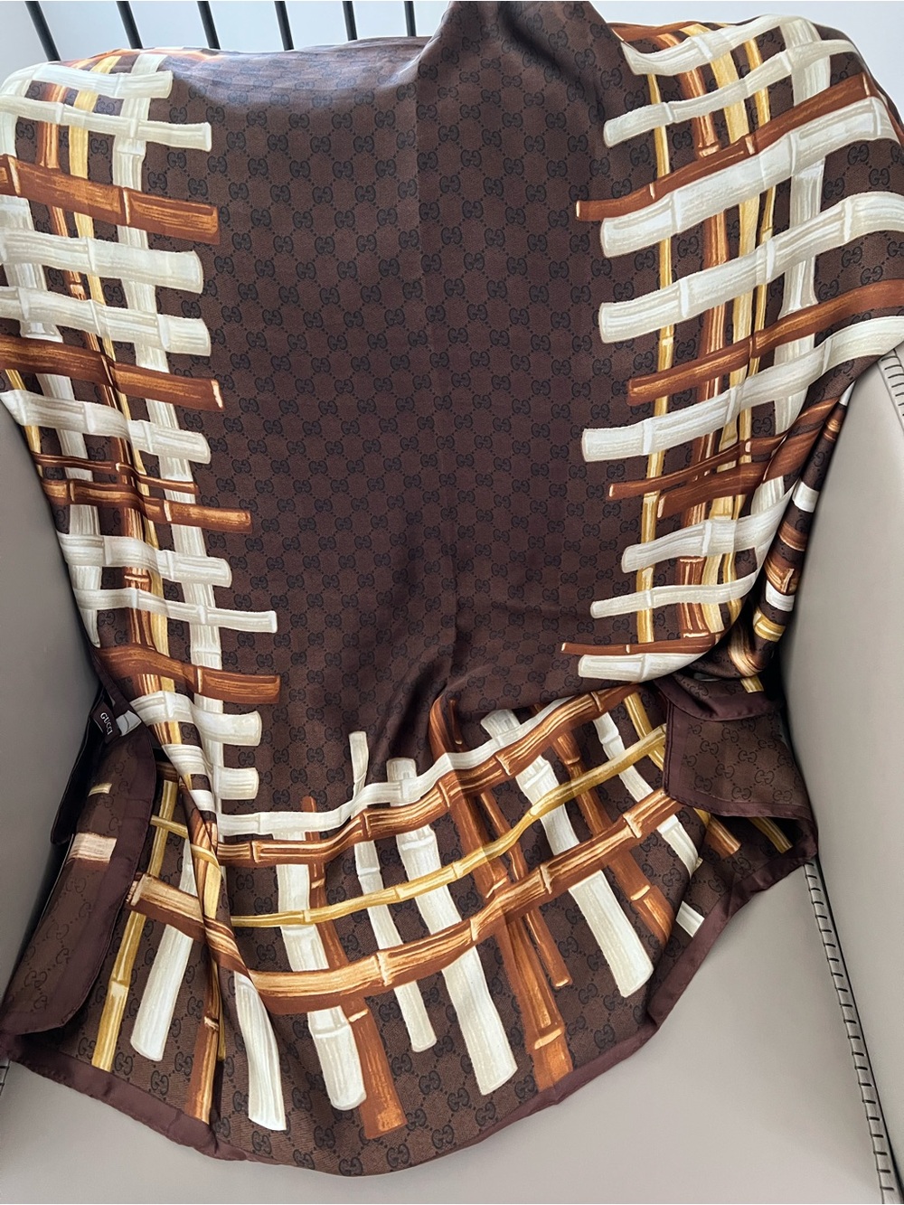 Silk Allover Logo & Bamboo Print Scarf Brown Gold Plaid Shawl Wrap 100% Silk NWT - Picture 4 of 8